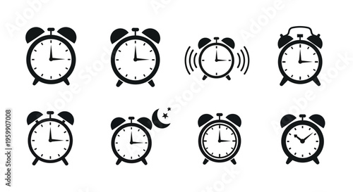 Collection of black alarm clocks with varying designs a stark silhouette