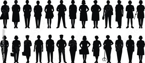Black and white silhouettes of professional people standing, isolated group of diverse men and women in various business poses,