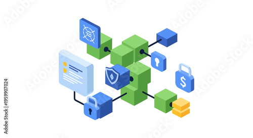 Isometric Blockchain Network Security. Decentralized technology concept featuring data blocks, digital padlocks, smart contract interfaces, and crypto assets.