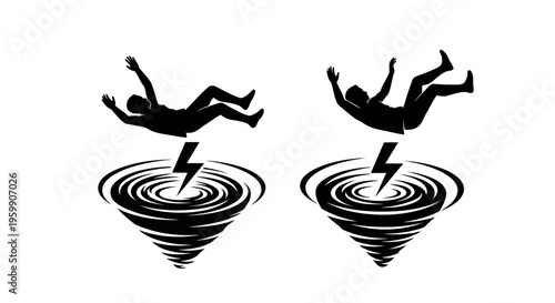 Falling figures with concentric circles and lightning a stark silhouette