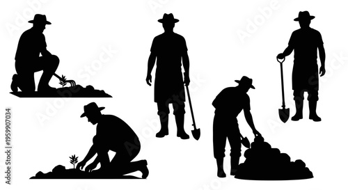 Five farmworkers in various poses depicted as a black silhouette