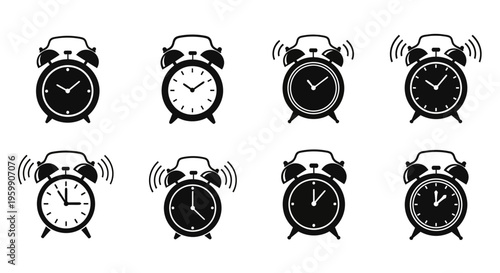 Eight black alarm clocks with varying times a striking silhouette