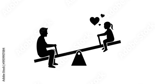 A couple enjoys a seesaw ride with floating hearts black silhouette