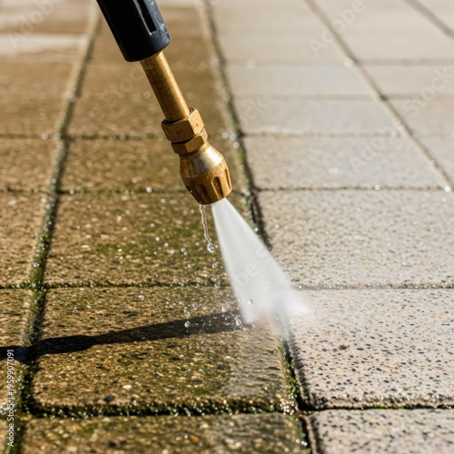 Pressure washer cleaning dirty concrete paving stone. High pressure water stream removing moss and mud from walkway. Exterior home maintenance and yard renovation improvement concept.