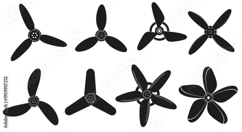 Various propeller designs displayed in a stark black silhouette
