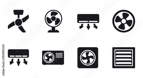 Various air conditioning and fan unit icons in black silhouette