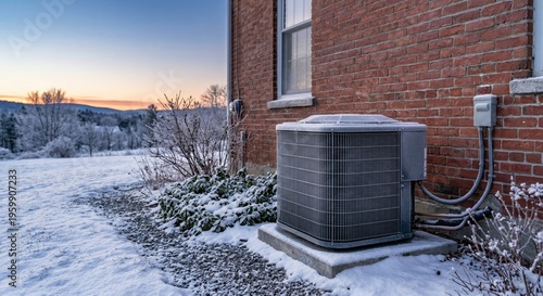 Obraz na płótnie Heat pump outdoor unit covered in snow on a cold winter morning outside house
