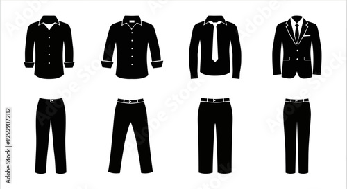 Black clothing icons displaying various formal and casual attire silhouette