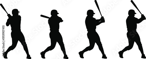 Baseball Batting Swing Silhouette Vector Illustration Featuring Four Player Stances Ready Position Mid Swing Follow Through Sports Training Icon for Athletics Coaching and Design Projects