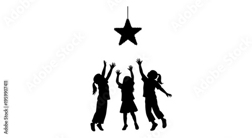 Children reaching for a star joyful scene in black silhouette