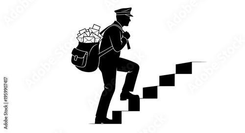 A postman climbs stairs with mailbag a striking black silhouette