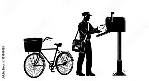 A postman delivers mail to a mailbox with a bicycle silhouette