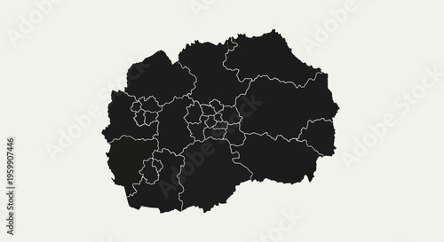 North Macedonia Map Silhouette with Administrative Divisions, Black Outline on Light Background