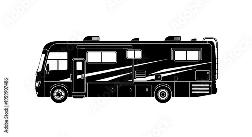 Detailed black silhouette of a recreational vehicle side view silhouette
