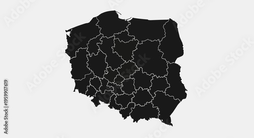 Poland Map Silhouette with Administrative Divisions - Black and White Vector Illustration