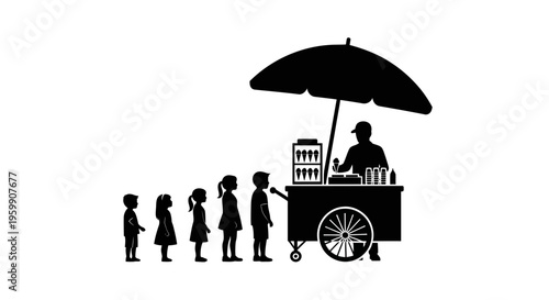 People waiting in line at an ice cream cart black silhouette