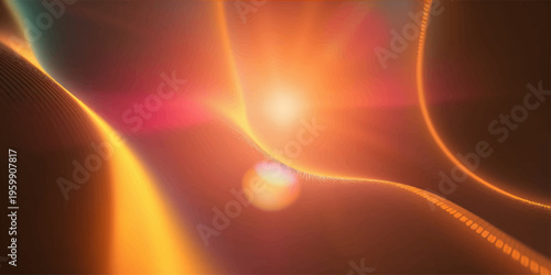 A vibrant abstract fractal design features a glowing explosion of orange fire and yellow energy, creating a motion blur texture that shines like a bright star across a red space backdrop