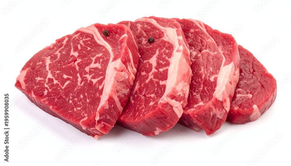 Obraz premium Close-up of raw, juicy, red steak cuts arranged neatly, revealing marbling and texture, on a clean, bright, white background