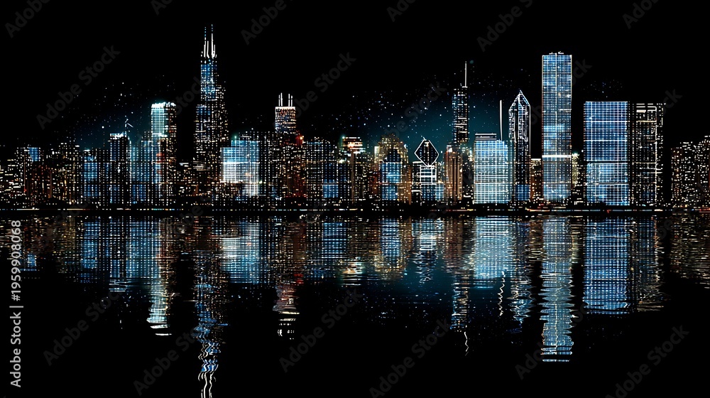 Fototapeta premium Night city skyline with illuminated skyscrapers reflecting on dark water in a calm urban