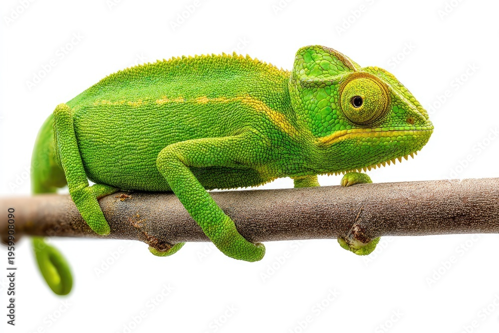 Obraz premium Green chameleon perched on a branch against a clean white background