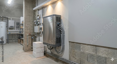 Home battery energy storage system installed on wall in modern industrial setting