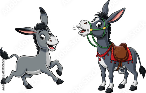 Set of cute donkey cartoon characters with different poses farm animal mascot vector illustration featuring saddle harness playful expressions isolated design
