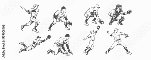 Set of 8 Baseball Player Action Poses Vector Illustration - Black and White Sports Clipart