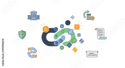 Blockchain Technology Ecosystem Illustration with Smart Contracts, Digital Exchange, Security Shield, and Decentralized Ledger Concepts