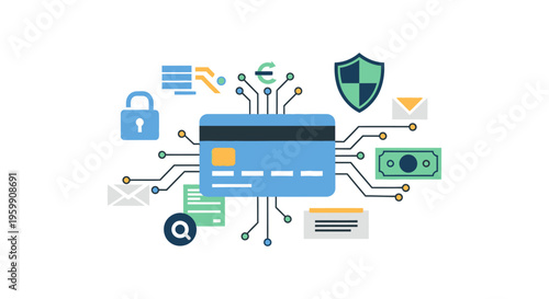 Digital Payment Security Concept. Credit card with padlock, shield, and electronic circuit connections, representing safe online transactions and banking technology.