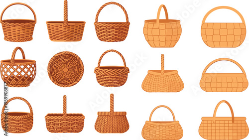 Set of detailed wicker basket icons featuring various hand woven wood textures and handle designs for picnic storage rustic home decor and gift hamper vector.