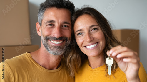 Happy couple celebrating new home purchase with keys in hand