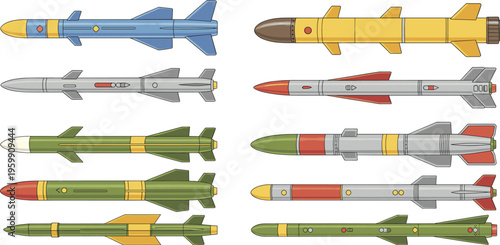 Missile and rocket vector set colorful military equipment illustration defense technology collection modern isolated design detailed weapon system