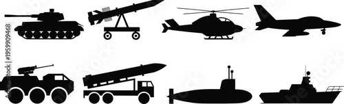 Military Vehicles Silhouette Set – Tank, Missile Launcher, Helicopter, Fighter Jet, Submarine, Warship Vector Icons Collection