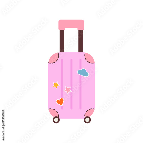 Pink travel suitcase with cute stickers. Hand drawn vector illustration