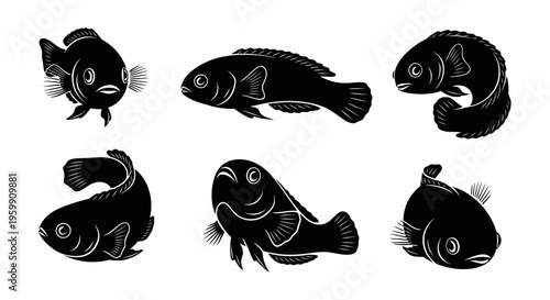 Set of Six Black Silhouette Fish Illustrations, Various Poses, Isolated on White Background