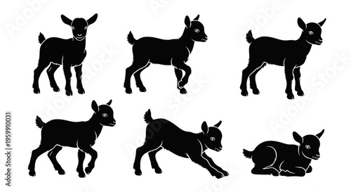 Set of six black goat silhouettes in various poses on a white background