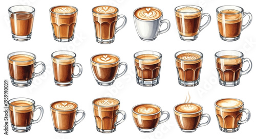 Watercolor Coffee Cups Set Espresso Latte Cappuccino Glass Mug Collection Isolated