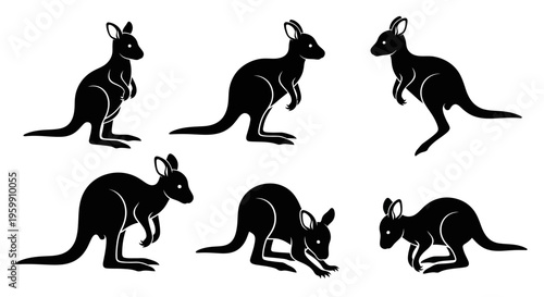 Set of Six Black Kangaroo Silhouettes in Various Poses on White Background