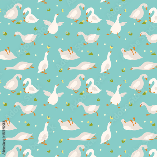 Cute White Geese Seamless Pattern on Turquoise Background, Hand Drawn Farm Birds Texture with Flowers and Butterflies for Kids Fabric and Wallpaper
