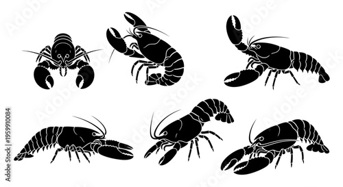 Set of Six Black Lobster Silhouettes on White Background, Seafood Illustration