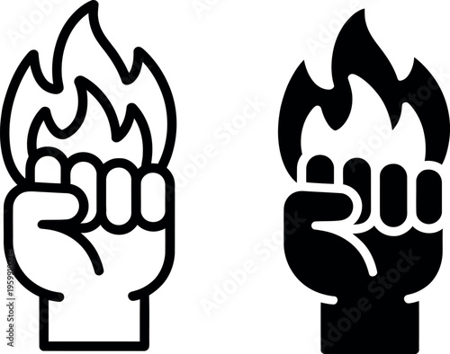 Two contrasting clenched fists holding torches in black and white styles