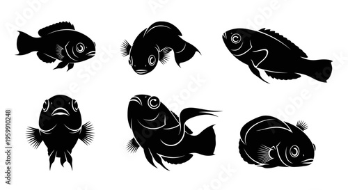 Set of Six Black Silhouette Fish Icons on White Background