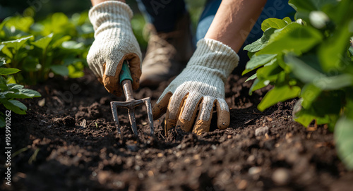 Close up of hands wearing gardening gloves tilling dark rich soil with a small hand cultivator among vibrant green sprouts.