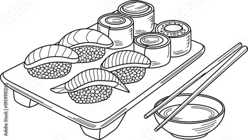 Traditional japanese sushi platter with nigiri maki rolls soy sauce and chopsticks on wooden board. Vector illustration