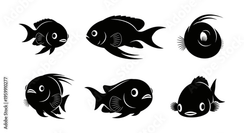 Set of Six Black Silhouette Fish Illustrations, Various Poses and Styles