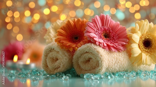Wallpaper Mural Therapy stress release treatment, health lifestyle. A tranquil spa setting with towels adorned with vibrant gerbera daisies and candles, set against a bokeh background of soft, warm light. Torontodigital.ca