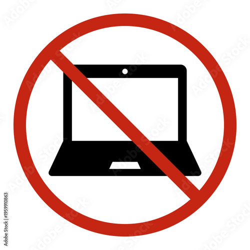Laptop prohibition sign, computer banned symbol with red circle and diagonal line, technology restriction warning icon, device usage forbidden concept for security policy and digital access control