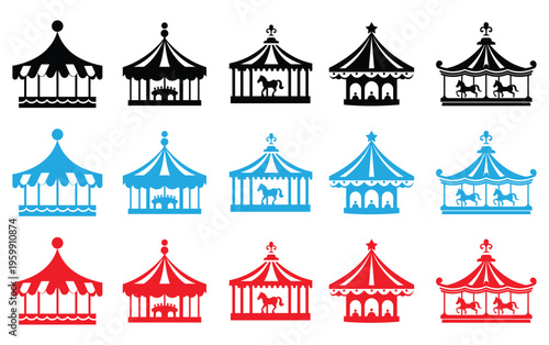 Set of colorful vintage circus tents and carnival rides vector icons in black, blue, and red