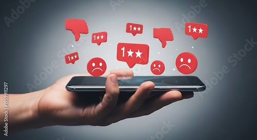 Close up of hand holding smartphone with negative feedback icons floating above screen showing bad reviews and poor rating