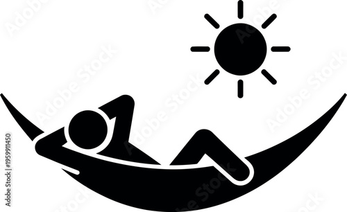 A person relaxing on a hammock under a bright sun in a serene outdoor setting